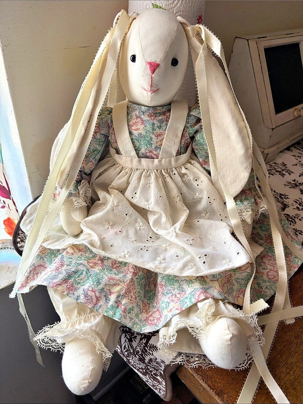 Floral Rabbit Fabric Doll White & Green
